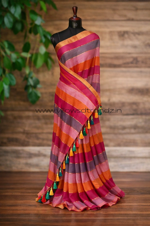 Villows Rainbow Mul Cotton Saree | Multi Colored  With Zari Stripes | Multi colour | RB5450027 - Multi colour, 5.5 mts + Running Blouse Piece