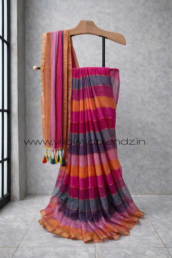 Villows Rainbow Mul Cotton Saree | Multi Colored  With Zari Stripes | Multi colour | RB5450027 - Multi colour, 5.5 mts + Running Blouse Piece