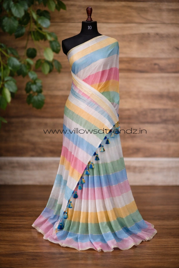 Villows Rainbow Mul Cotton Saree | Multi Colored  With Zari Stripes |  Multi colour | RB5450029 - Multi colour, 5.5 mts + Running Blouse Piece