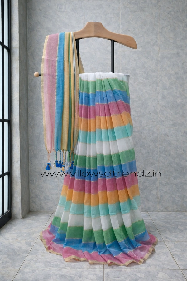 Villows Rainbow Mul Cotton Saree | Multi Colored  With Zari Stripes |  Multi colour | RB5450029 - Multi colour, 5.5 mts + Running Blouse Piece