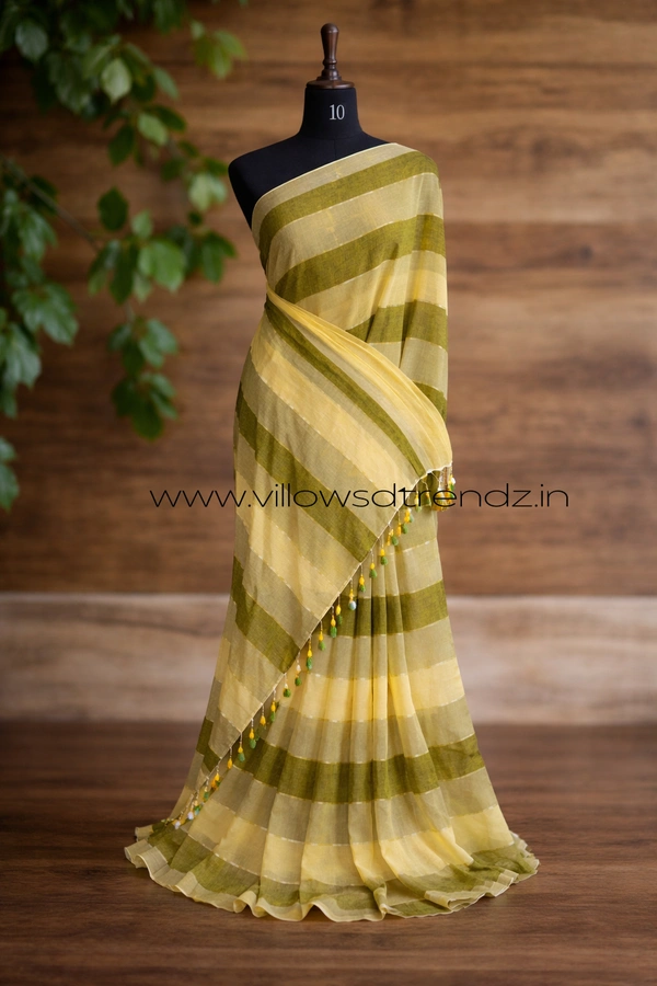Villows Rainbow Mul Cotton Saree | Multi Colored With Zari Stripes | Yellow with green | RB5450026 - Yellow with green, 5.5 mts + Running Blouse Piece