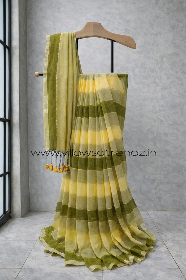 Villows Rainbow Mul Cotton Saree | Multi Colored With Zari Stripes | Yellow with green | RB5450026 - Yellow with green, 5.5 mts + Running Blouse Piece