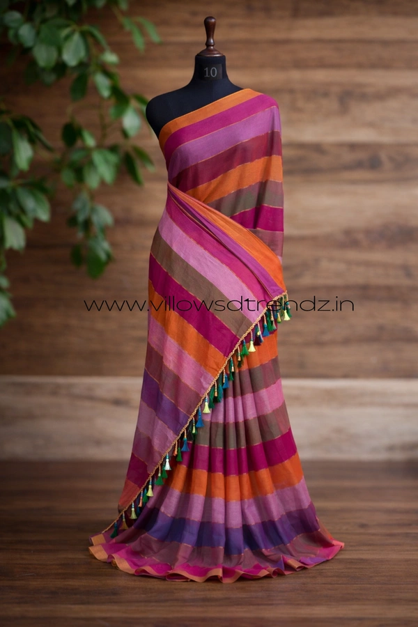 Villows Rainbow Mul Cotton Saree | Multi Colored  With Zari Stripes |  Multi colour | RB5450025 - Multi colour, 5.5 mts + Running Blouse Piece