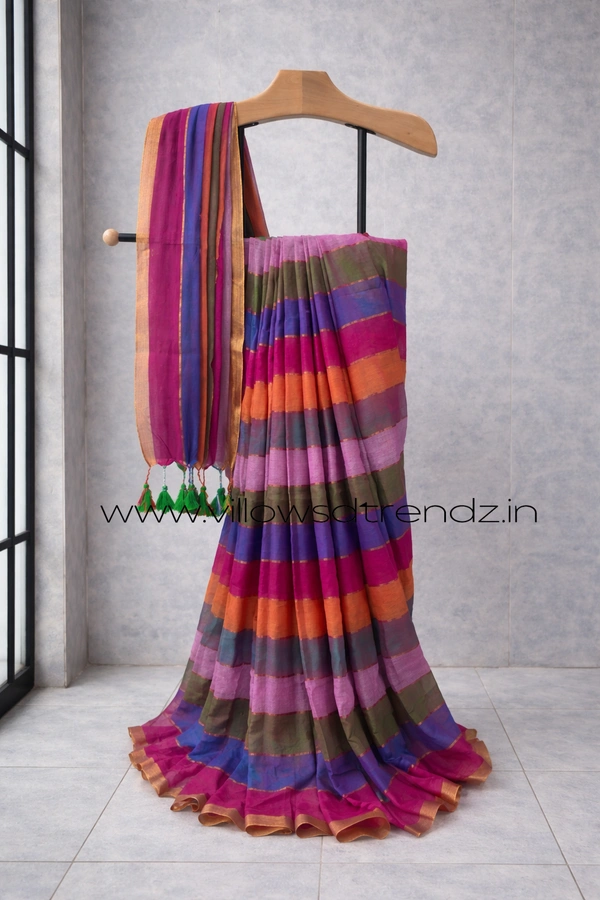 Villows Rainbow Mul Cotton Saree | Multi Colored  With Zari Stripes |  Multi colour | RB5450025 - Multi colour, 5.5 mts + Running Blouse Piece