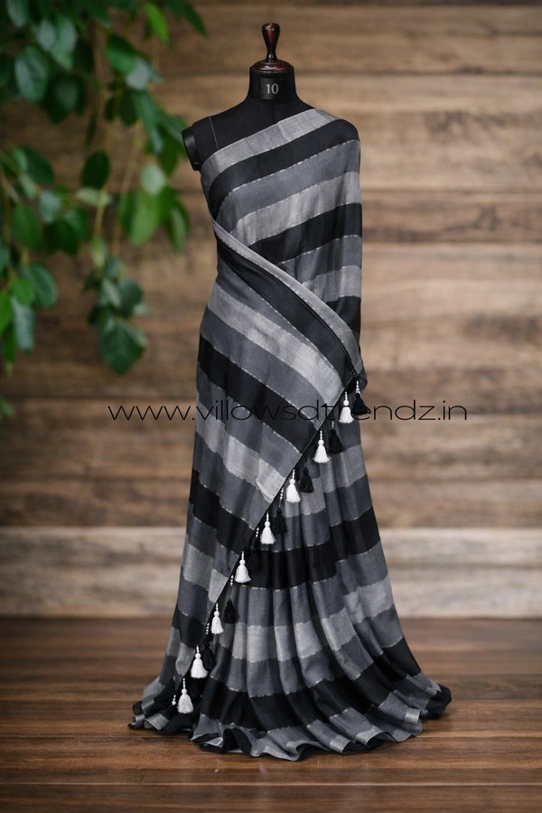Villows Rainbow Mul Cotton Saree | Multi Colored  With Zari Stripes |Black | RB5450028 - Black, 5.5 mts + Running Blouse Piece