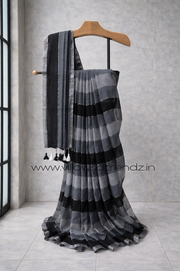 Villows Rainbow Mul Cotton Saree | Multi Colored  With Zari Stripes |Black | RB5450028 - Black, 5.5 mts + Running Blouse Piece