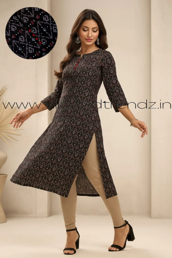Twill Blue Rayon Kurta| Side cut| 3/4 Sleeve| Black | LI1930066 - S, Black