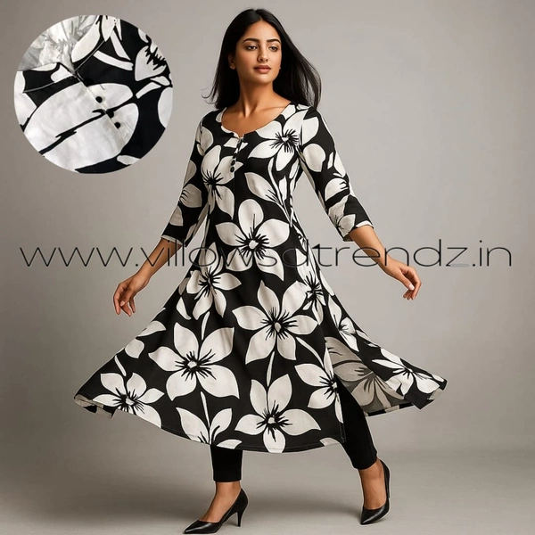 Twill Blue Rayon Kurta| Side cut| 3/4 Sleeve| Black | LI193025 - S