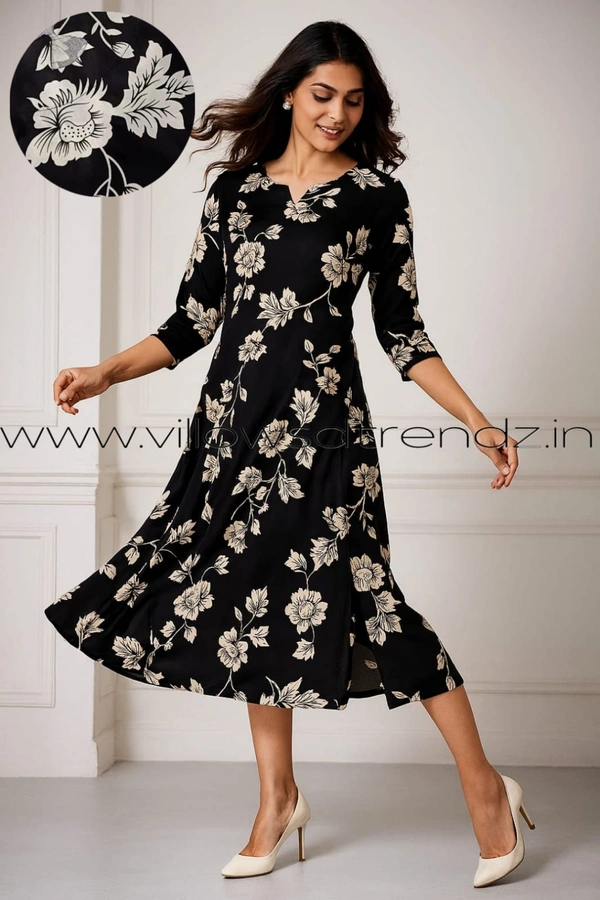 Twill Blue Rayon Kurta| Side cut| 3/4 Sleeve| Black | LI19502 - XL, Black