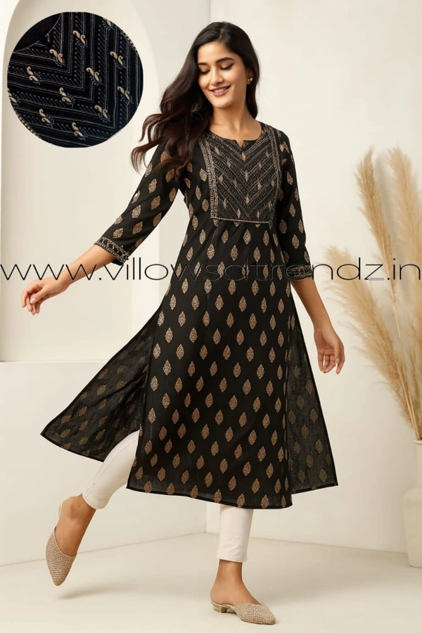 Twill Blue Rayon Kurta| Side cut| 3/4 Sleeve| Black | LI22005 - 2XL, Black