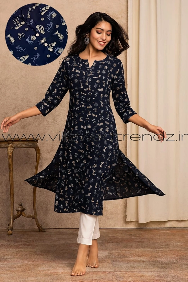 Twill Blue Rayon Kurta| Side cut| 3/4 Sleeve| Dark Blue| LI19503 - M, Dark Blue
