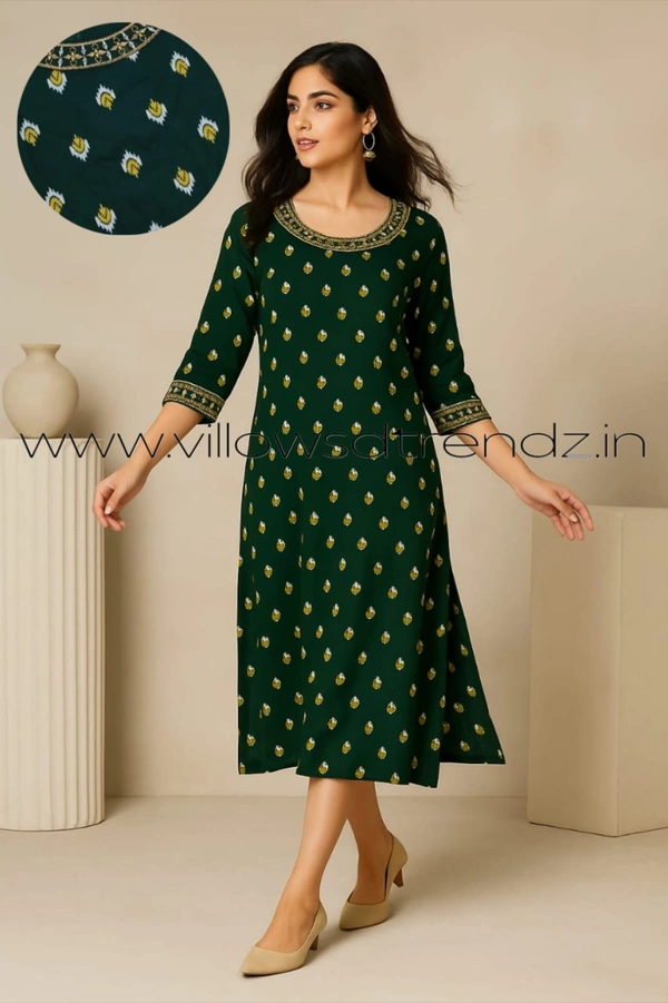 Twill Blue Rayon Kurta| Side cut| 3/4 Sleeve| Green | L11930017 - S