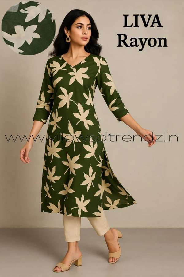 Twill Blue Rayon Kurta| Side cut| 3/4 Sleeve| Green | L11930019 - 2XL