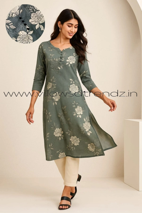 Twill Blue Rayon Kurta| Side cut| 3/4 Sleeve| Grey | LI193026 - S