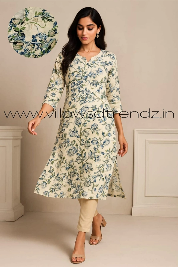 Twill Blue Rayon Kurta| Side cut| 3/4 Sleeve| Half white | |L11930020 - S