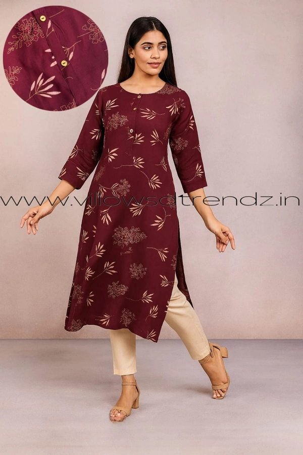 Aarvija Rayon Kurta| Side cut| 3/4 Sleeve| Maroon | LI193008 - L, Maroon