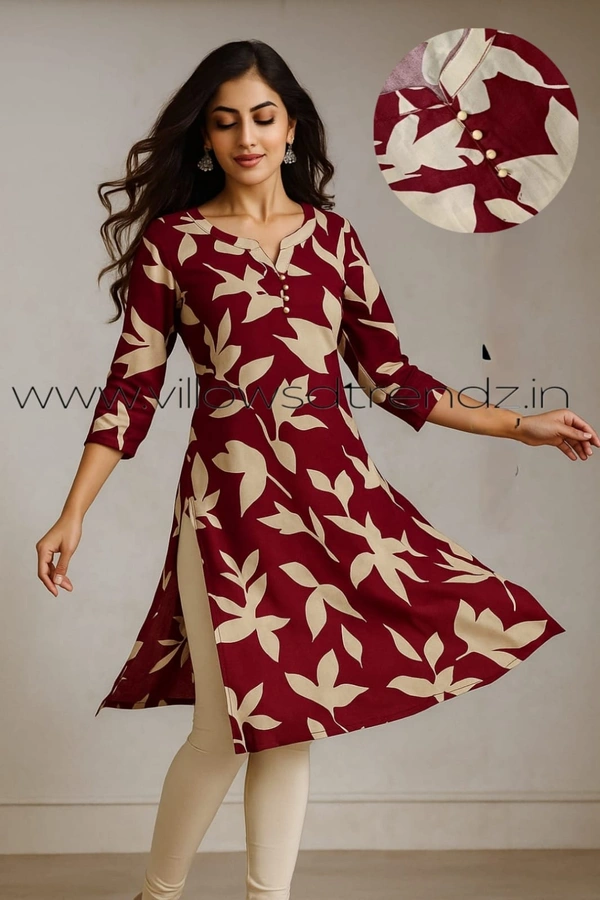 Twill Blue Rayon Kurta| Side cut| 3/4 Sleeve| Maroon | LI193028 - M