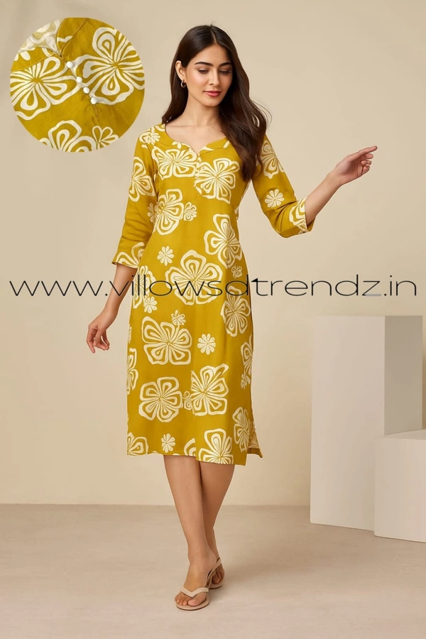 Twill Blue Rayon Kurta| Side cut| 3/4 Sleeve| Musturd yellow | LI193030 - S