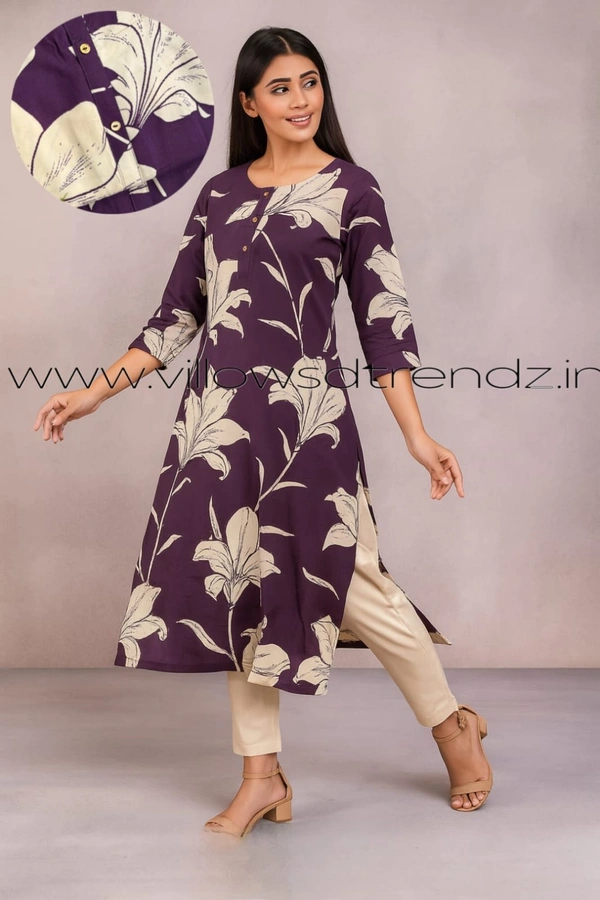 Aarvija Rayon Kurta| Side cut| 3/4 Sleeve| Purple | LI193006 - XL, Purple