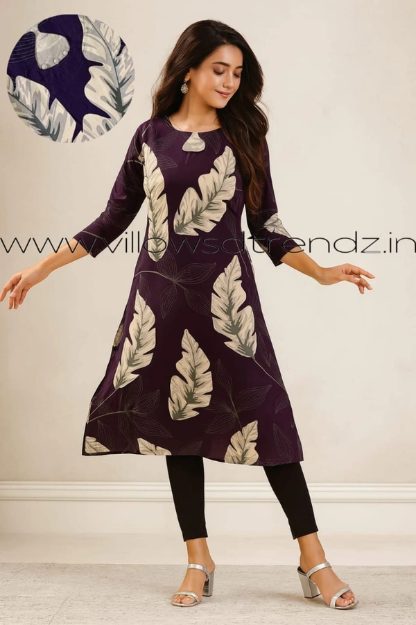 Twill Blue Rayon Kurta| Side cut| 3/4 Sleeve| Purple | LI195031 - S, Purple