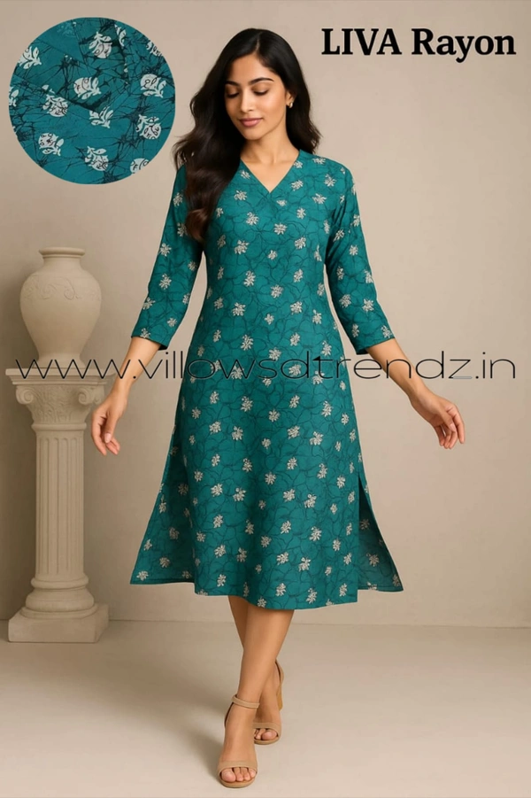 Twill Blue Rayon Kurta| Side cut| 3/4 Sleeve| Rama green | L11930023 - L