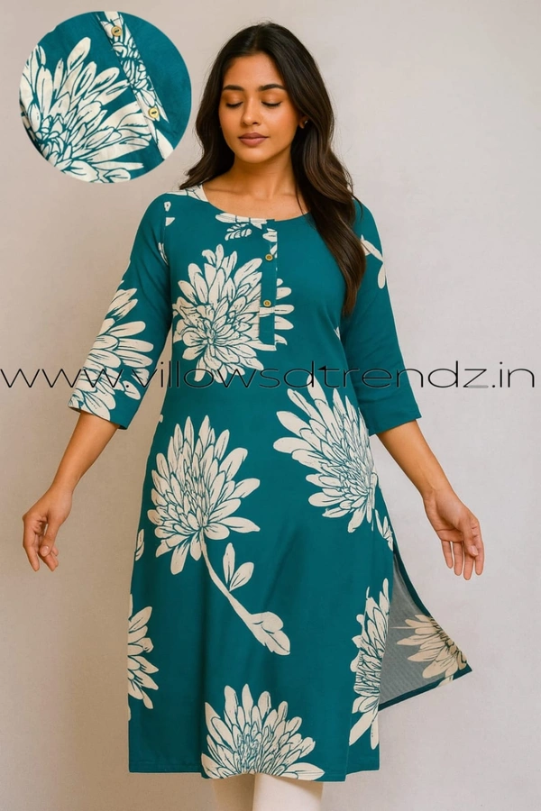 Aarvija Rayon Kurta| Side cut| 3/4 Sleeve| Rama Green | LI193002 - M, Rama Green