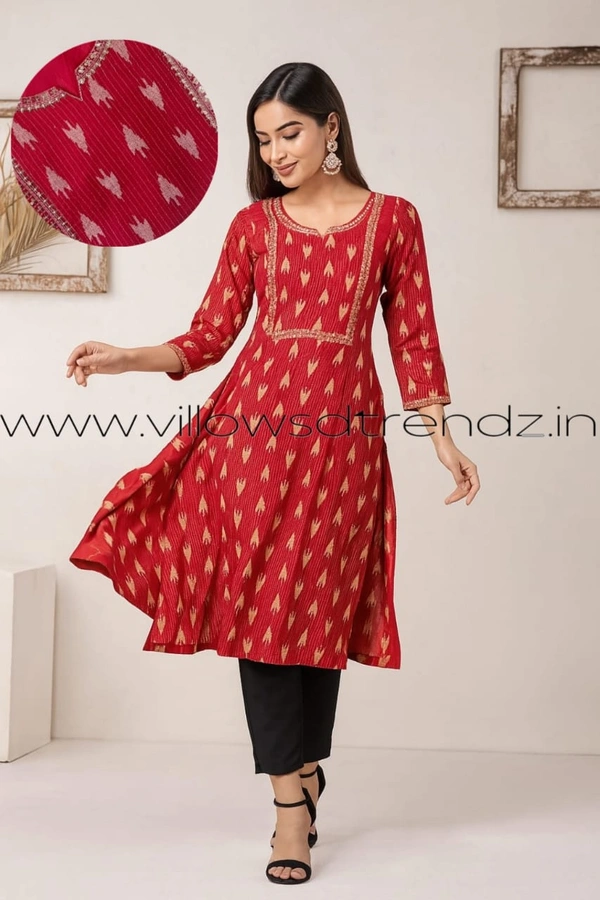 Twill Blue Rayon Kurta| Side cut| 3/4 Sleeve| Red | LI22008 - S, Red