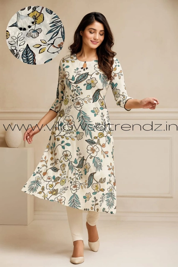 Twill Blue Rayon Kurta| Side cut| 3/4 Sleeve| White | LI195032 - S, White