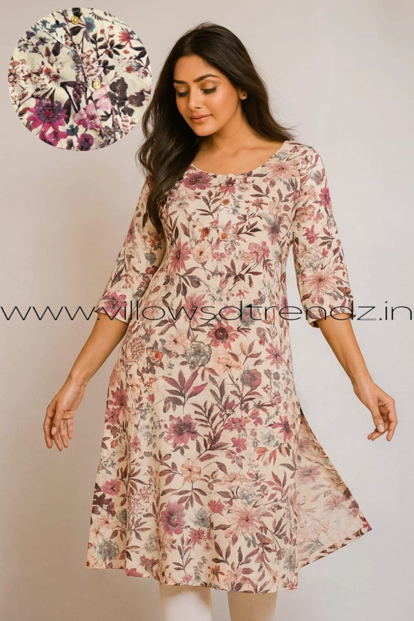 Aarvija Rayon Kurta| Side cut| 3/4 Sleeve| White With florel | LI193003 - XL, White With florel