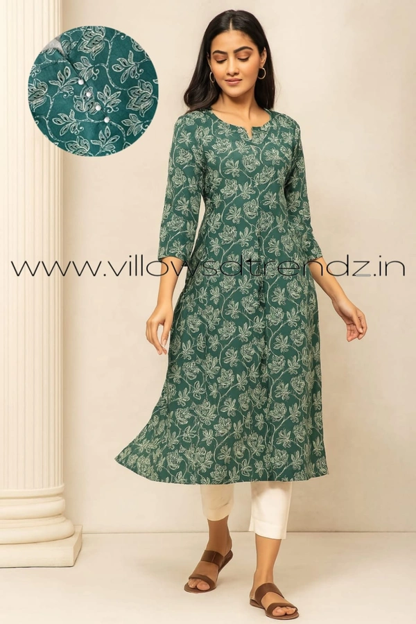 Twill Blue Rayon Kurta| Side cut| 3/4 Sleeve| White with Florel| LI1930063 - S, White With Florel