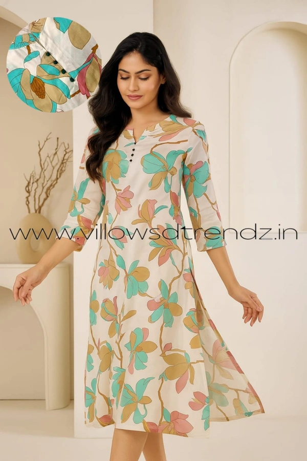 Twill Blue Rayon Kurta| Side cut| 3/4 Sleeve| White with Florel| LI1930063 - L, White With Florel