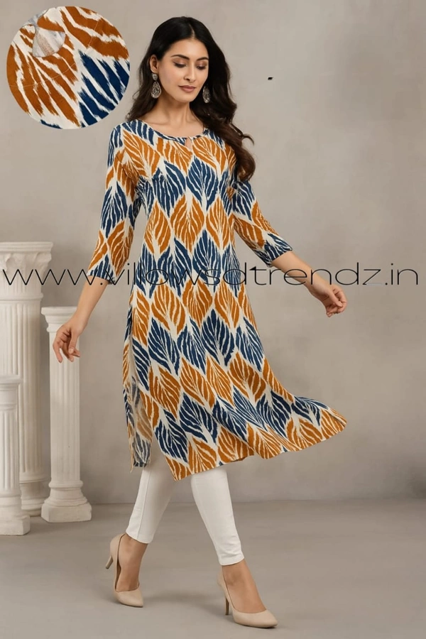 Twill Blue Rayon Kurta| Side cut| 3/4 Sleeve| White With Leaf Design| LI1930057 - S, White With Leaf Design