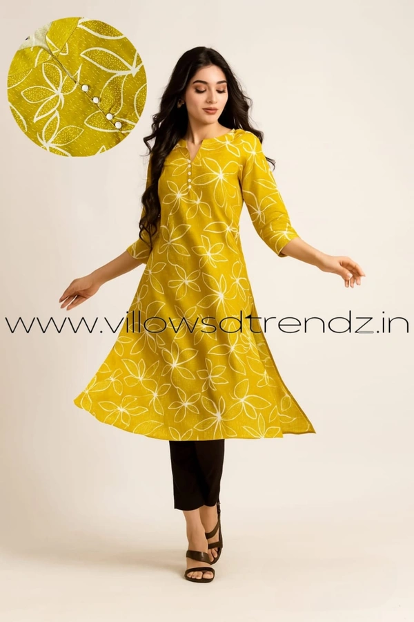 Twill Blue Rayon Kurta| Side cut| 3/4 Sleeve| Yellow | LI1930061 - S, Yellow