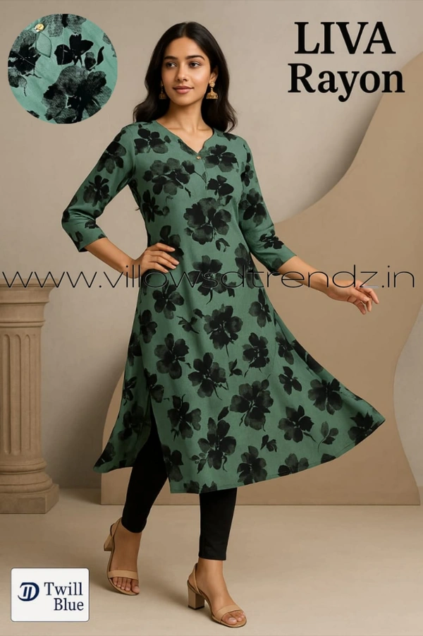 Twill Blue Rayon Kurta| Side cut| 3/4 Sleeve|Green | L11930024 - S