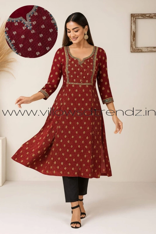 Twill Blue Rayon Kurta| Side cut| 3/4 Sleeve|Maroon| FL22001 - XL, Maroon