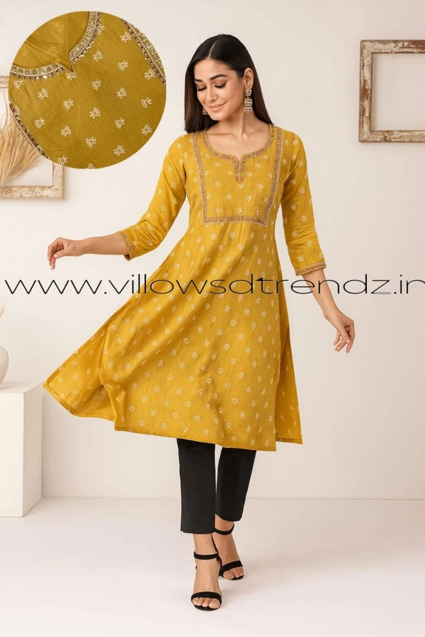 Twill Blue Rayon Kurta| Side cut| 3/4 Sleeve|Mustered Yellow | FL22005 - S, Musterd Yellow