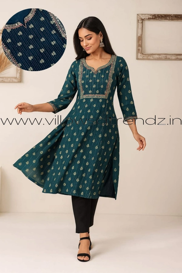 Twill Blue Rayon Kurta| Side cut| 3/4 Sleeve|Peacock Green| FL22004 - S, Peacock Blue