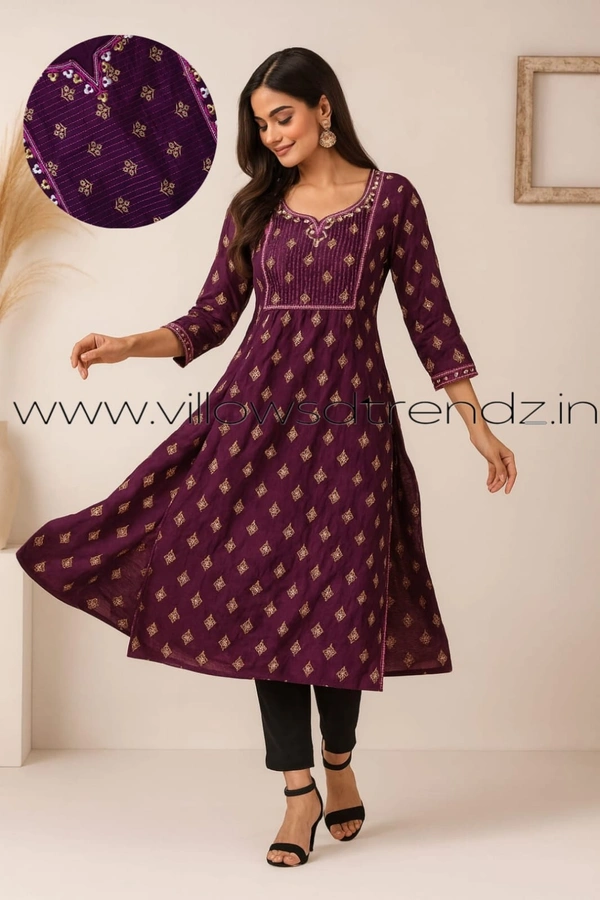 Twill Blue Rayon Kurta| Side cut| 3/4 Sleeve|Plum | FL22003 - 2XL, Plum