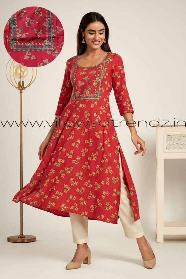 Twill Blue Rayon Kurta| Side cut| 3/4 Sleeve|Red | FL22008 - L, Red