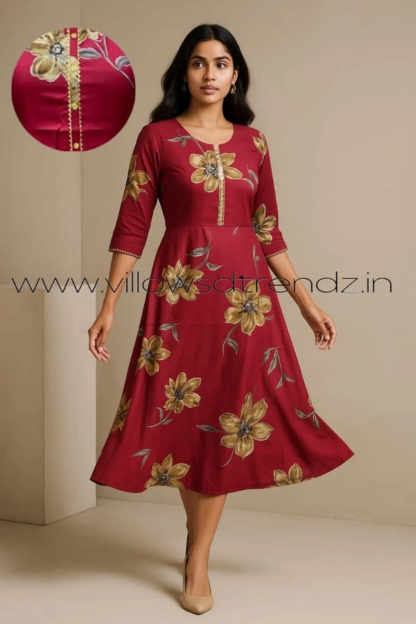 Twill Blue Rayon Umberlla Kurti | M | Red |UM29008 - M, Red