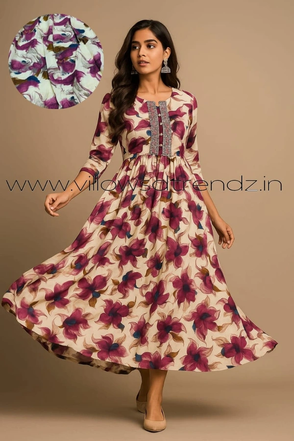 Twill Blue Rayon Umberlla Kurti | M |White With Florel |UM29003 - M, White With Florel