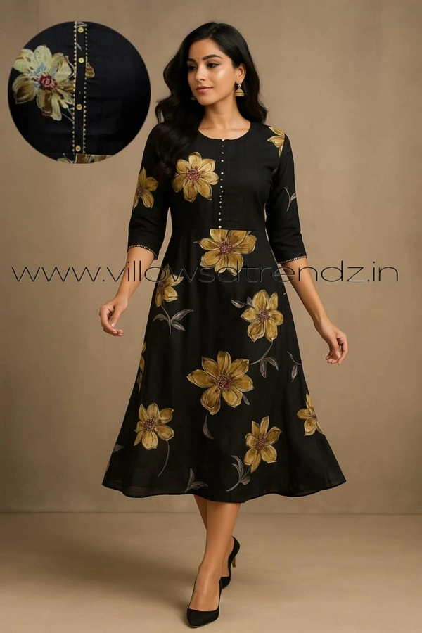 Twill Blue Rayon Umberlla Kurti | L | Black |UM29007 - L, Black