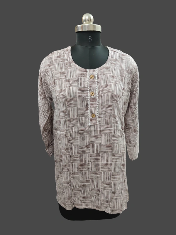 Round Neck With Box Design Short Kurti SK1377 - Ashed Brown, XL