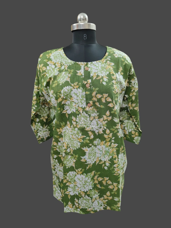 Round Neck With Florel Short Kurti SK1371 - Green, M