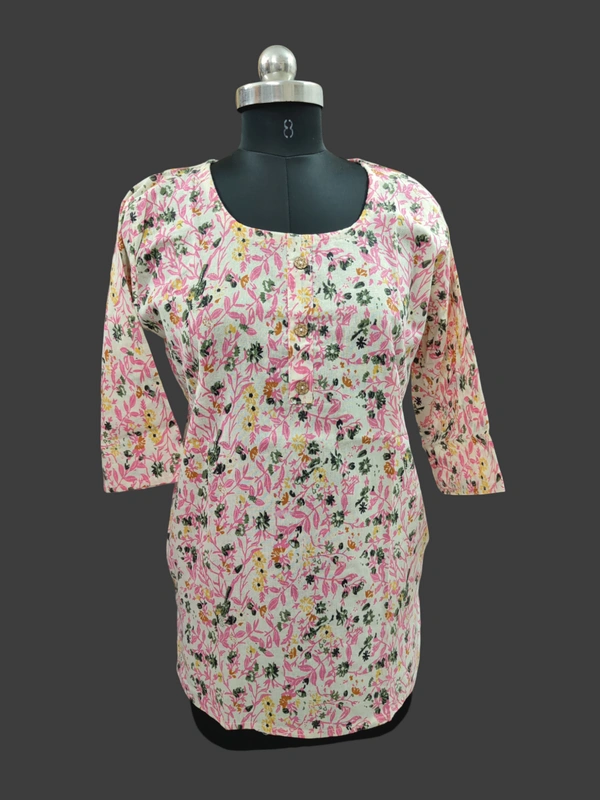 Round Neck With Florel Short Kurti SK1376 - Pink florel, XL