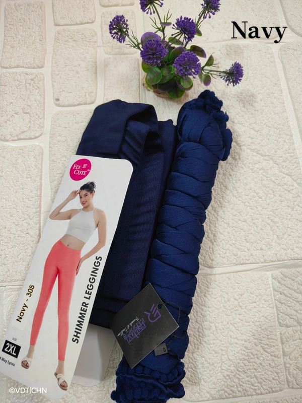 FlyCute Shimmer Ankle Fit Leggings and Shimmer Shawl Combo| LS8010| Navy Blue - Navy Blue, 3XL