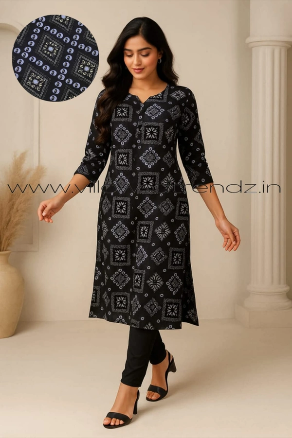 Twill Blue Side Cut Liva Kurti ZR210112 - Black, 2XL