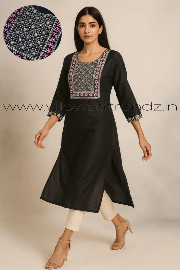 Twill Blue Silk Kurti |3/4th Sleeve | Side Cut kurti| Black | EMS9007 - S, Black