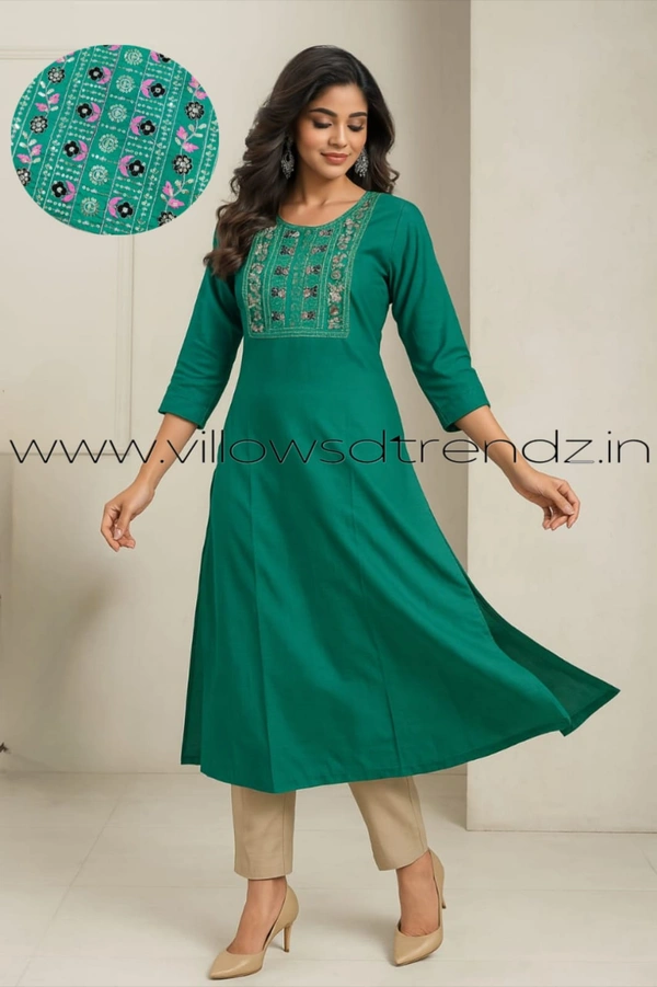 Twill Blue Silk Kurti |3/4th Sleeve | Side Cut kurti| Green | SK1503 - XL, Green
