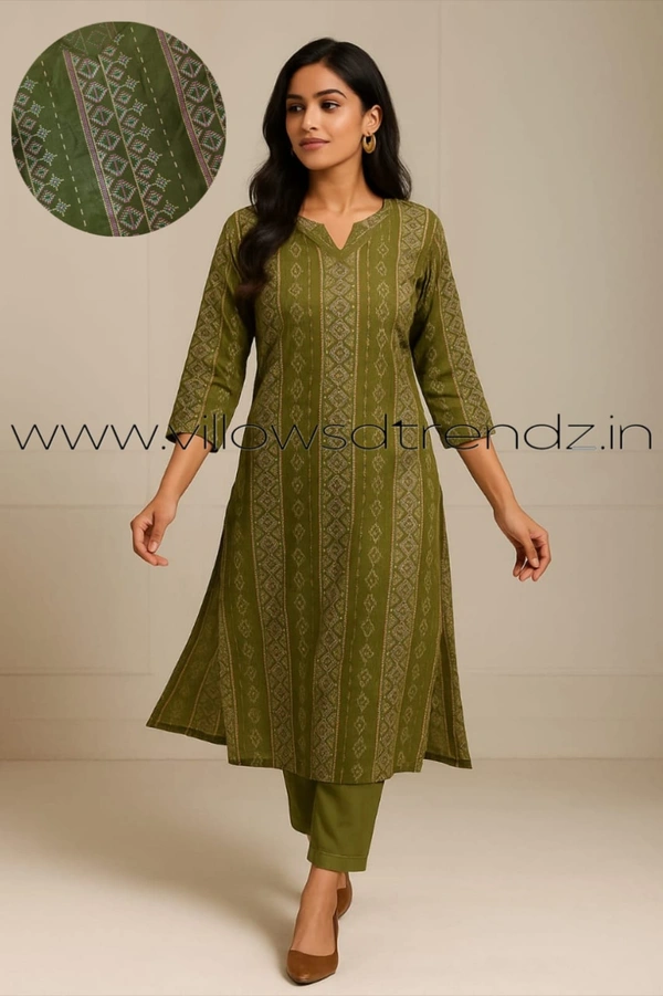 Twill Blue Silk Kurti |3/4th Sleeve | Side Cut kurti| Green | ZR22111 - M, Green